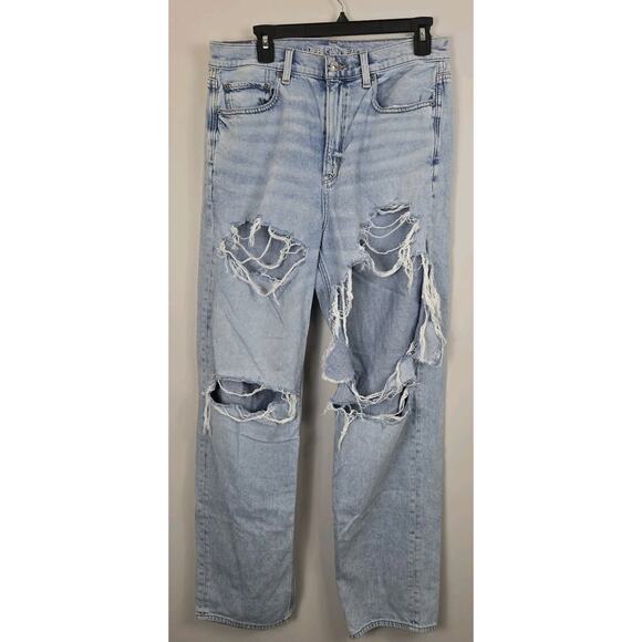 American Eagle Women’s SZ 10 Denim Baggy Jeans Straight Destroyed 31" Inseam - Picture 1 of 11
